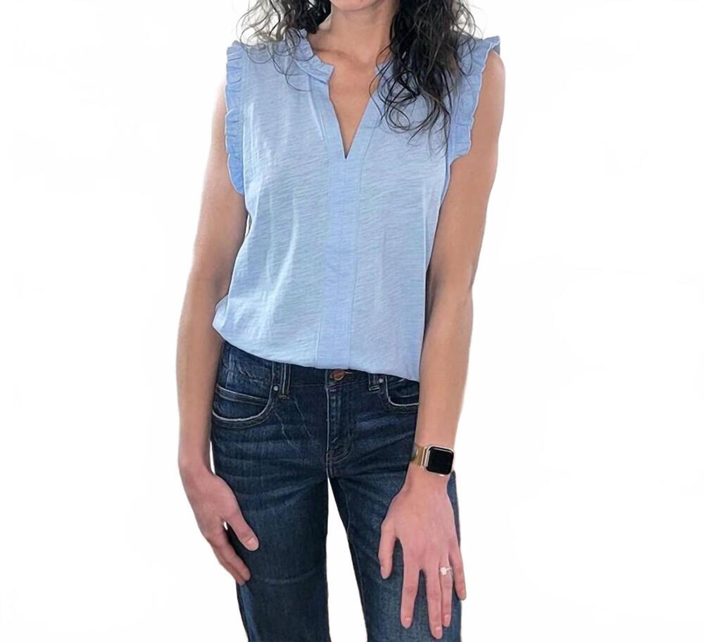NEW STACCATO illa v-neck sleeveless top with ruffle details in blue